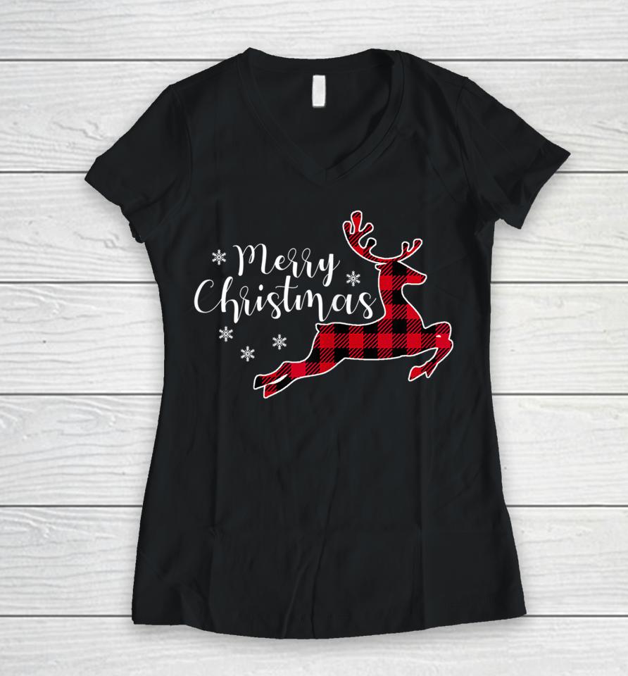 Red Plaid Merry Christmas Letter Reindeer Snowflake Buffalo Women V-Neck T-Shirt
