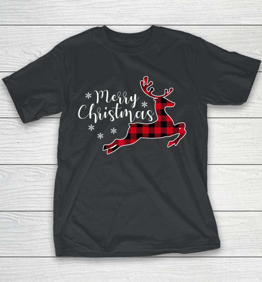 Red Plaid Merry Christmas Letter Reindeer Snowflake Buffalo Youth T-Shirt