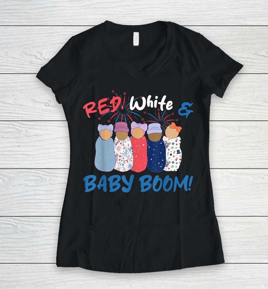 Red White And Baby Boom Happy 4Th Of July Nicu Nurse Women V-Neck T-Shirt