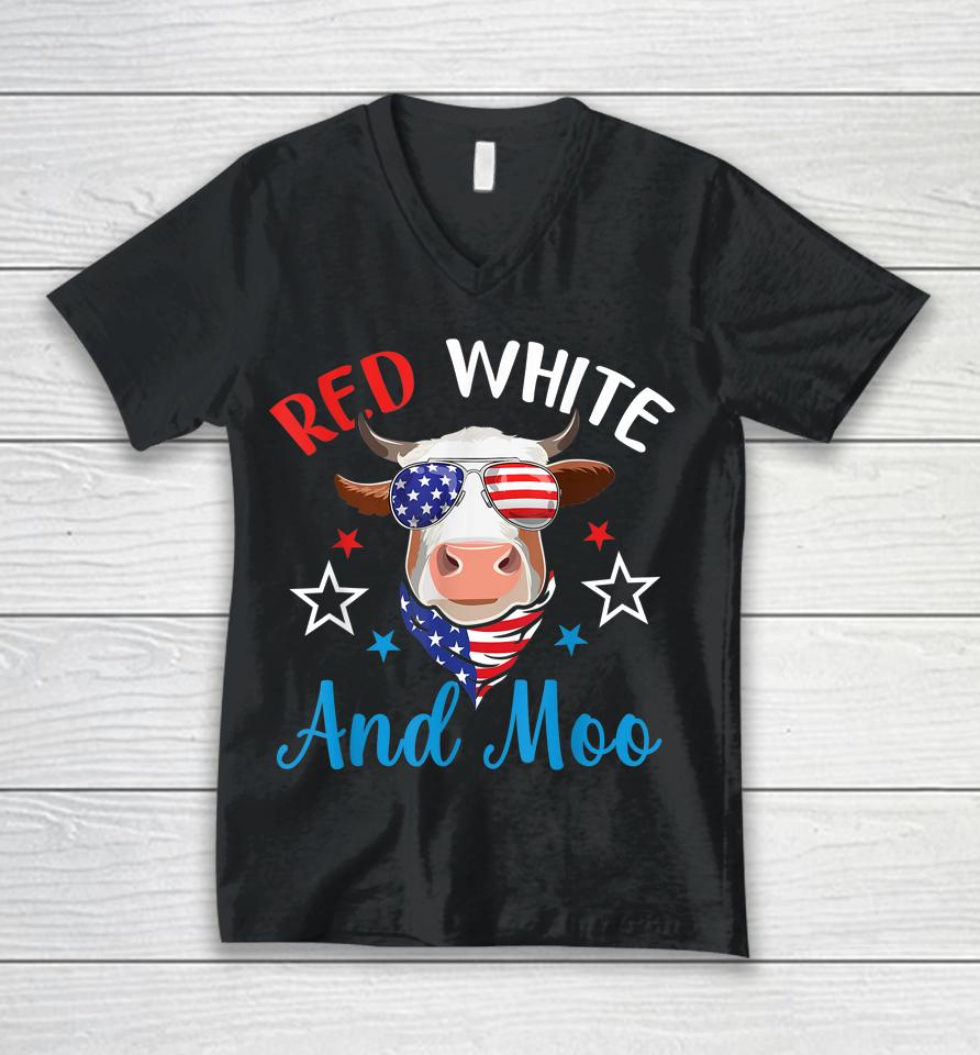 Red White And Moo 4Th Of July Cow Usa Flag Farmer Patriotic Unisex V-Neck T-Shirt