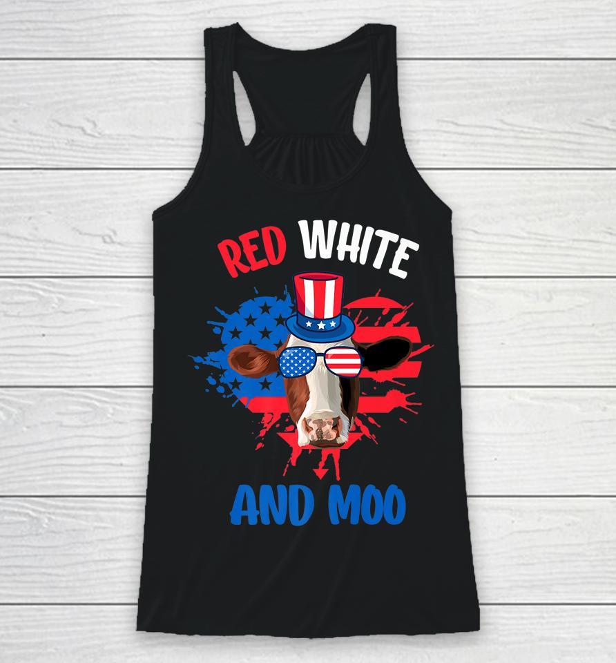 Red White And Moo Patriotic Cow Farmer 4Th Of July Racerback Tank