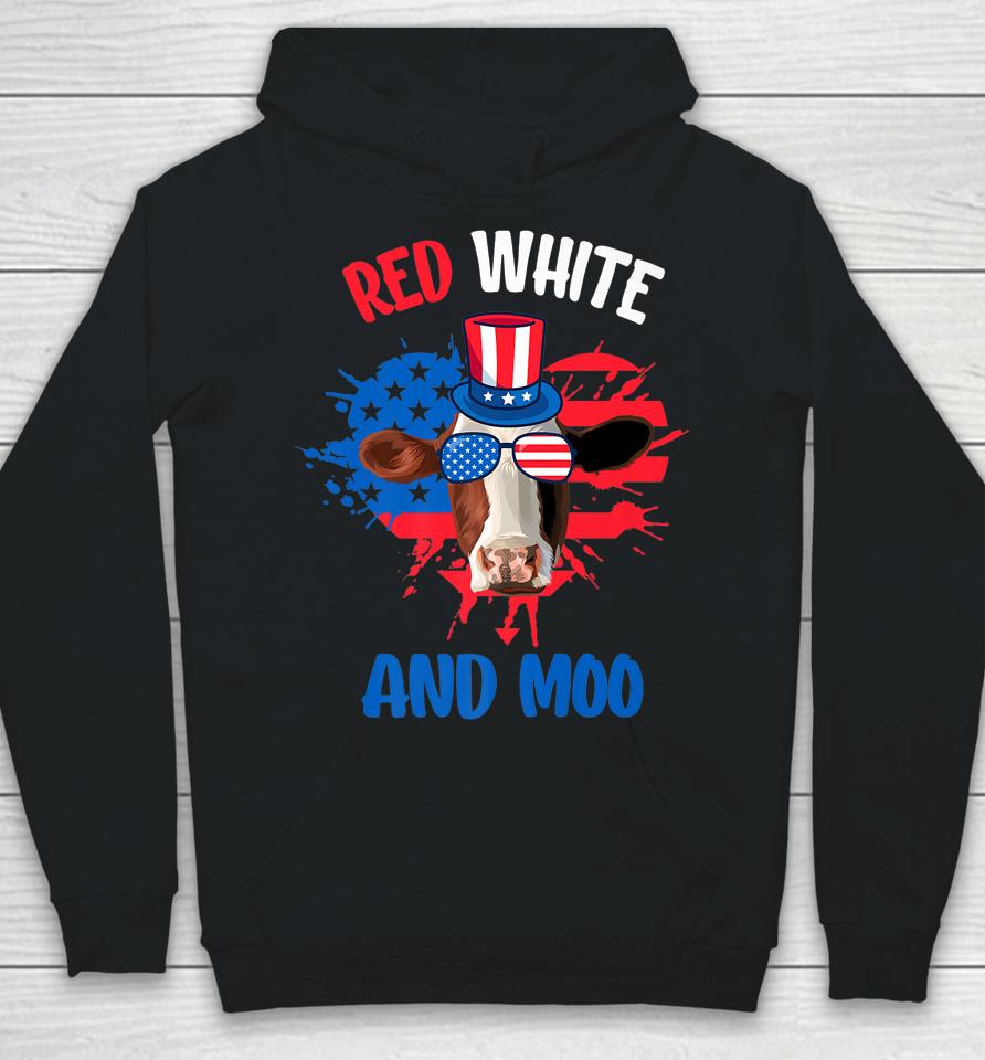 Red White And Moo Patriotic Cow Farmer 4Th Of July Hoodie
