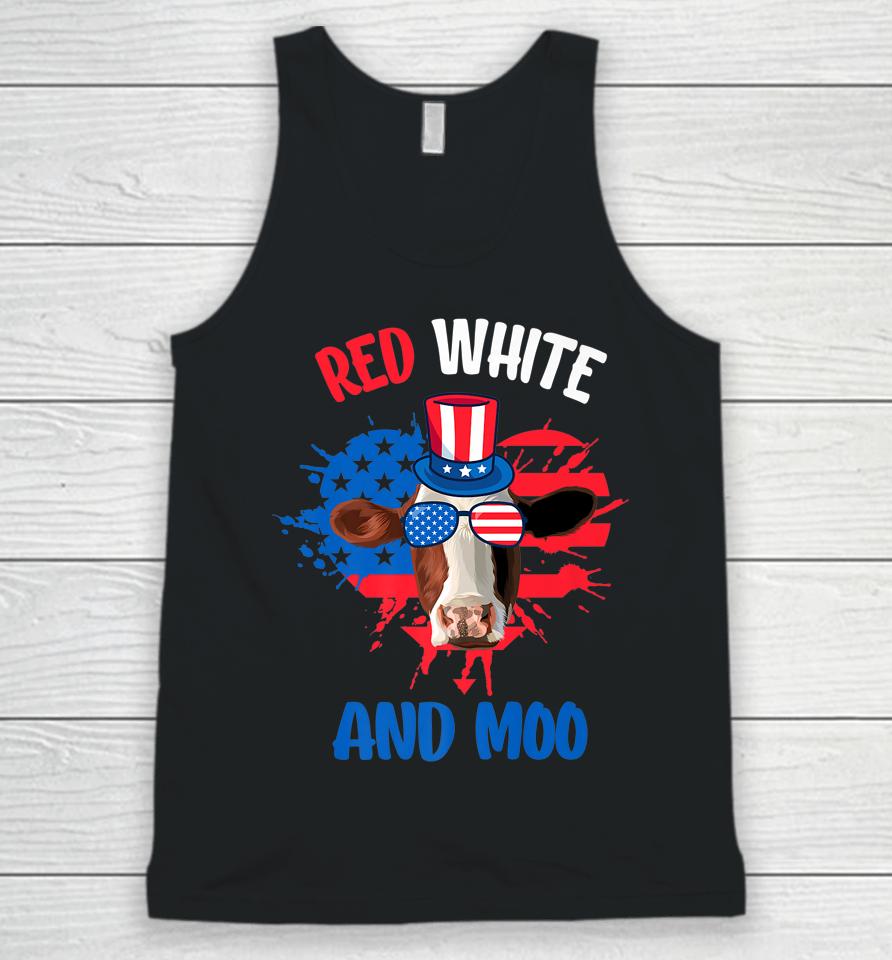 Red White And Moo Patriotic Cow Farmer 4Th Of July Unisex Tank Top