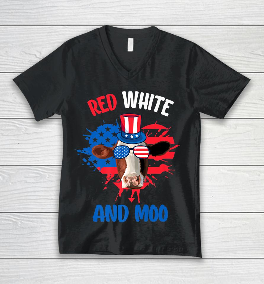 Red White And Moo Patriotic Cow Farmer 4Th Of July Unisex V-Neck T-Shirt