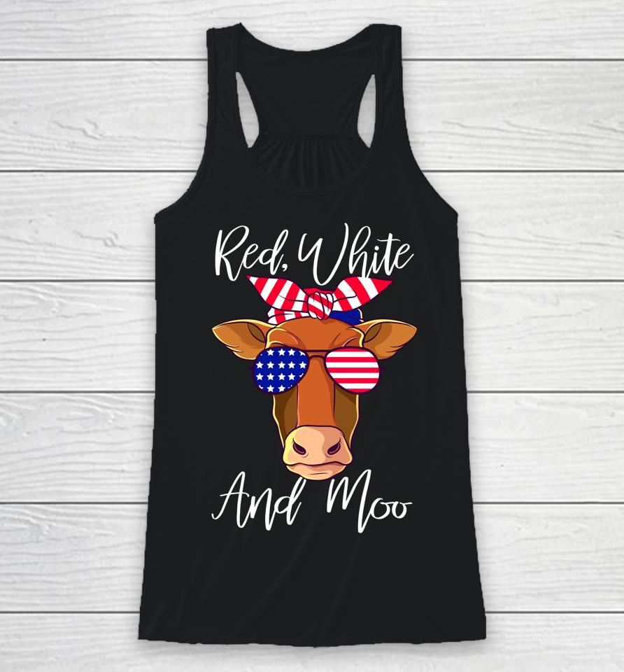 Red White And Moo Patriotic Cow Usa Flag Funny 4Th Of July Racerback Tank