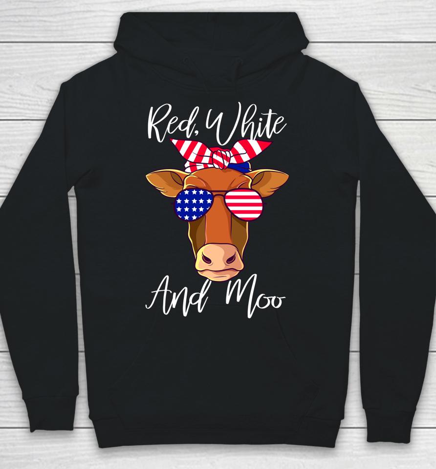 Red White And Moo Patriotic Cow Usa Flag Funny 4Th Of July Hoodie