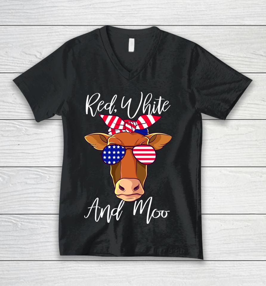 Red White And Moo Patriotic Cow Usa Flag Funny 4Th Of July Unisex V-Neck T-Shirt