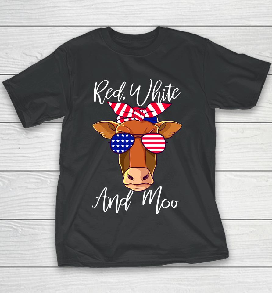 Red White And Moo Patriotic Cow Usa Flag Funny 4Th Of July Youth T-Shirt