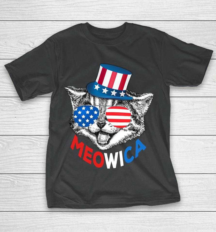 Red White Blue Patriotic Cat 4Th July Meowica American Flag T-Shirt