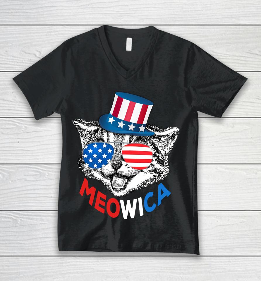 Red White Blue Patriotic Cat 4Th July Meowica American Flag Unisex V-Neck T-Shirt