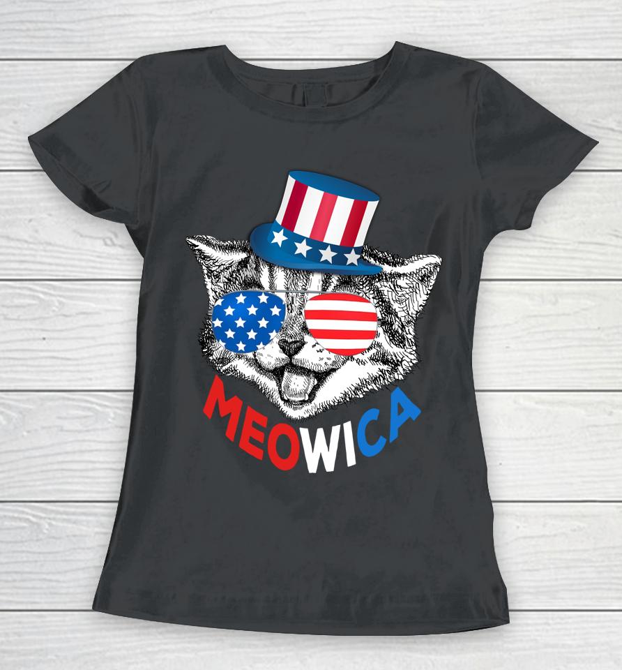 Red White Blue Patriotic Cat 4Th July Meowica American Flag Women T-Shirt