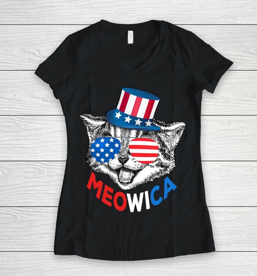 Red White Blue Patriotic Cat 4Th July Meowica American Flag Women V-Neck T-Shirt