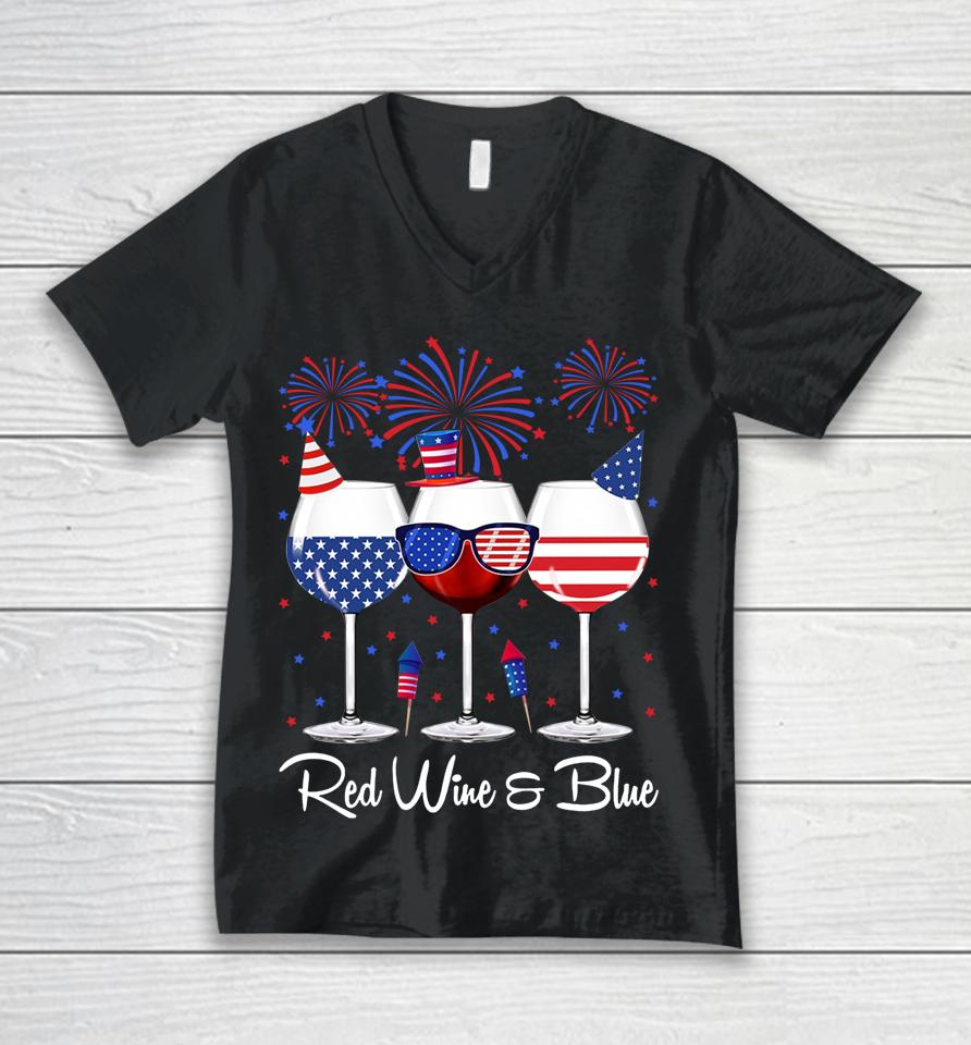 Red Wine &Amp; Blue 4Th Of July Wine Red White Blue Wine Glasses Unisex V-Neck T-Shirt