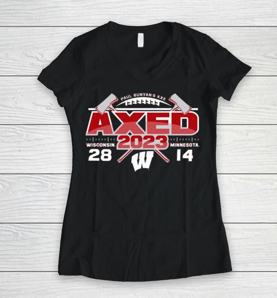 Red Wisconsin Badgers Vs Minnesota Golden Gophers 2023 Paul Bunyan’s Axe Score Women V-Neck T-Shirt