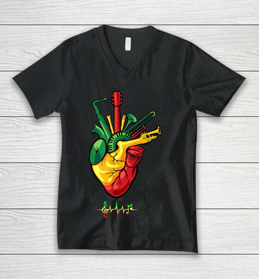 Reggae Music Lovers, Music Heart- Heartbeat Music Unisex V-Neck T-Shirt