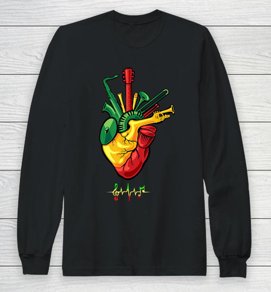 Reggae Music Lovers T-Shirt Music Heart Shirt Heartbeat Music Long Sleeve T-Shirt
