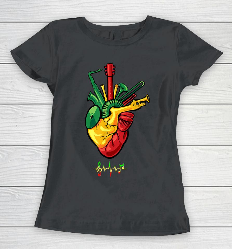 Reggae Music Lovers T-Shirt Music Heart Shirt Heartbeat Music Women T-Shirt