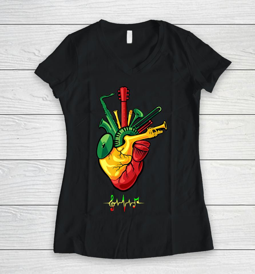 Reggae Music Lovers T-Shirt Music Heart Shirt Heartbeat Music Women V-Neck T-Shirt