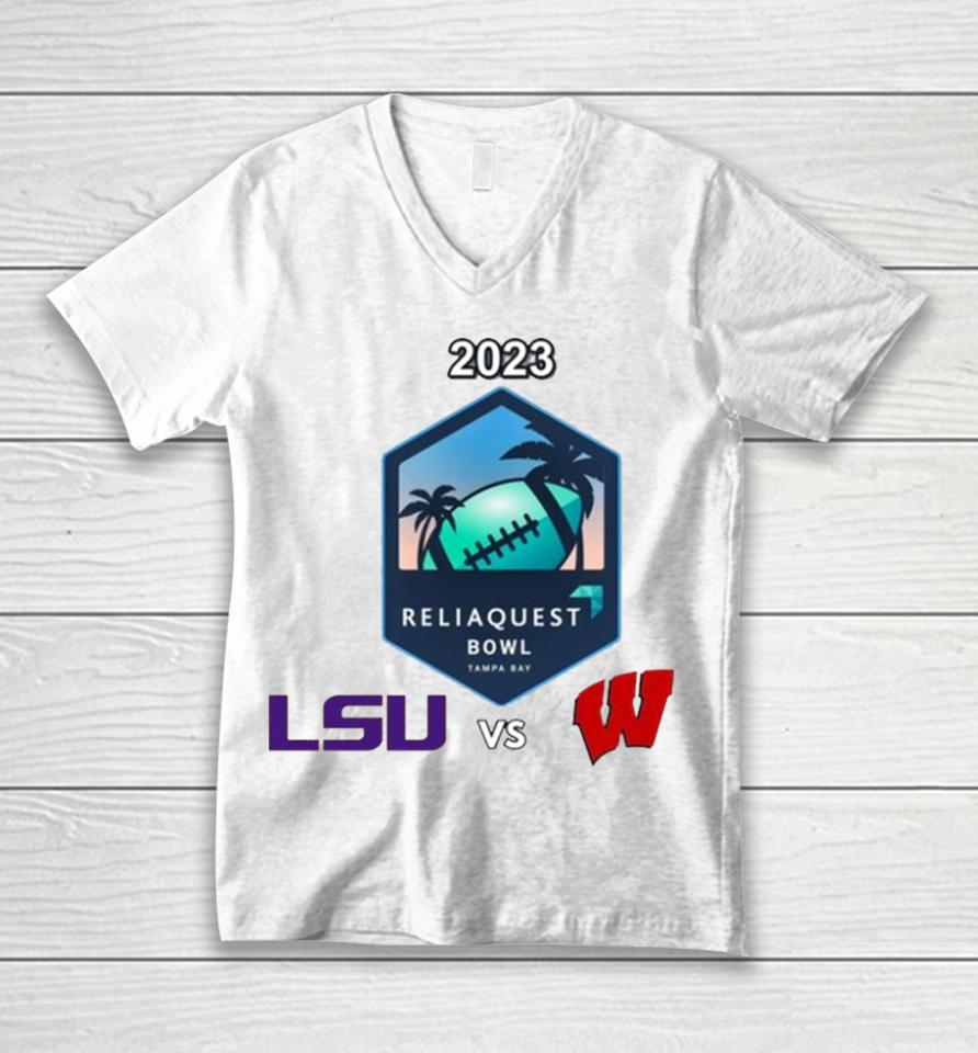 Reliaquest Bowl Lsu Vs. Wisconsin Raymond James Stadium ​Tampa Fl 2023 Unisex V-Neck T-Shirt