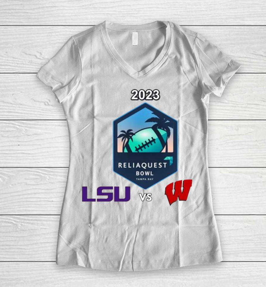 Reliaquest Bowl Lsu Vs. Wisconsin Raymond James Stadium ​Tampa Fl 2023 Women V-Neck T-Shirt