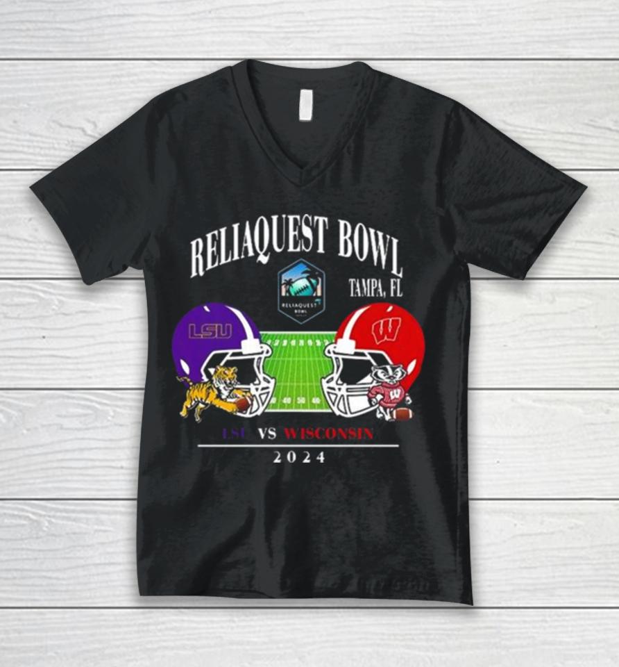 Reliaquest Bowl Lsu Vs Wisconsin Raymond James Stadium Tampa Fl College Bowl Games 2023 2024 Head To Head Helmet Unisex V-Neck T-Shirt