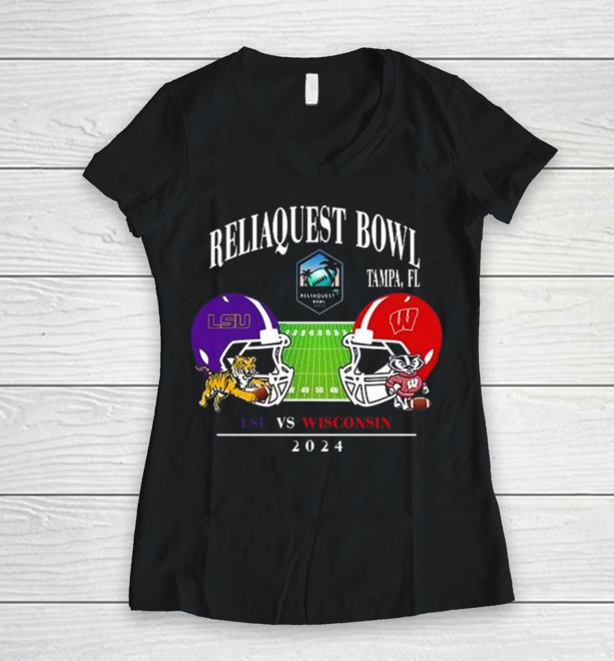 Reliaquest Bowl Lsu Vs Wisconsin Raymond James Stadium Tampa Fl College Bowl Games 2023 2024 Head To Head Helmet Women V-Neck T-Shirt