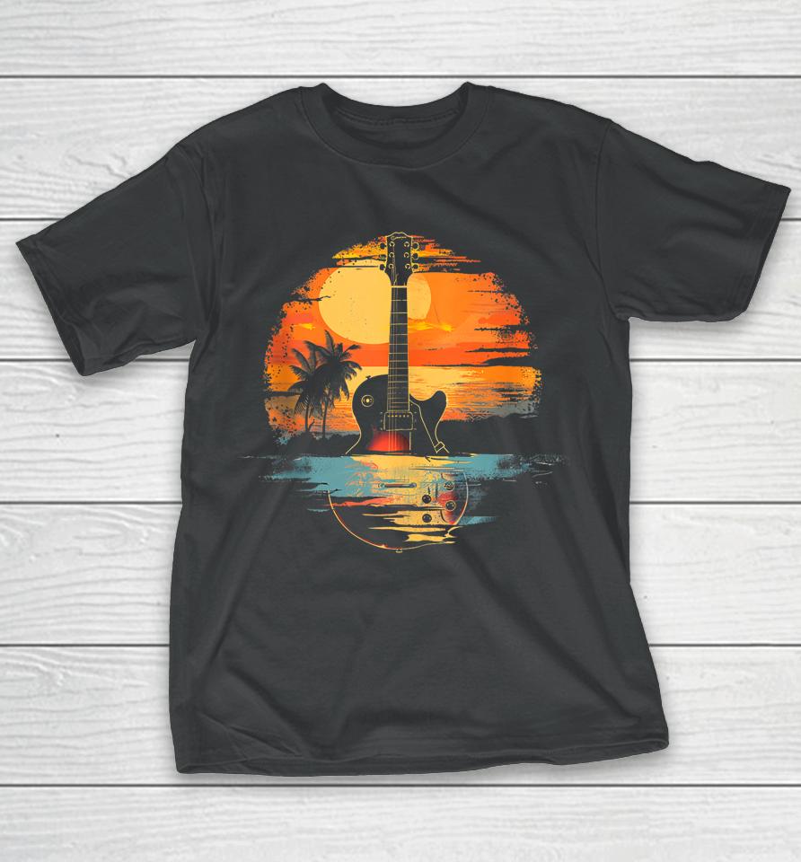 Retro Acoustic Guitar Lake Sunset Guitarist Music Lover Rock T-Shirt