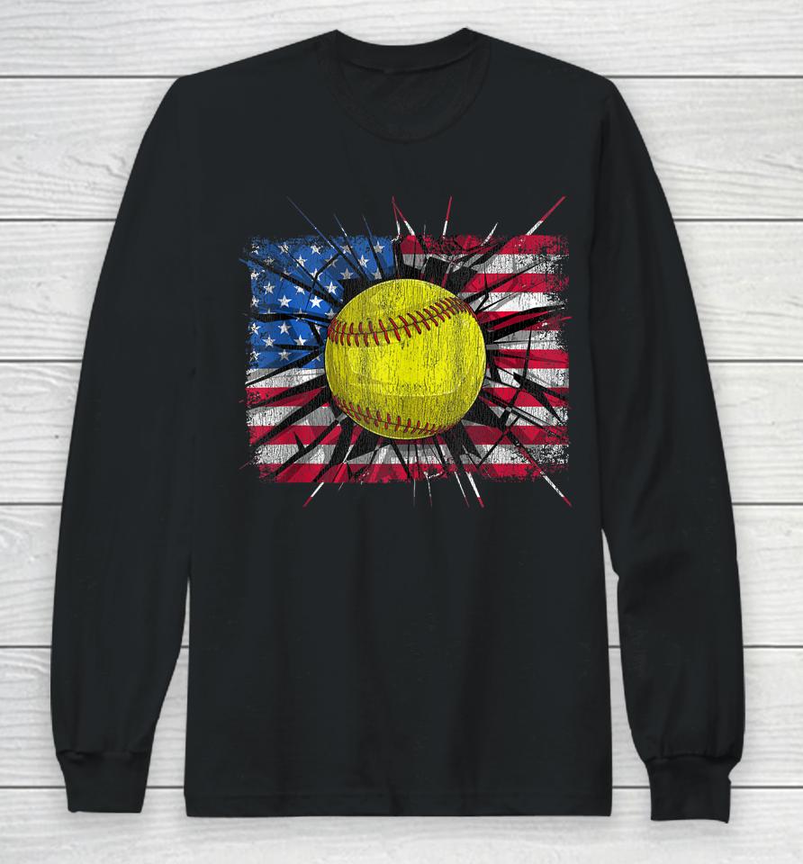 Retro American Softball Us Flag 4Th Of July Long Sleeve T-Shirt