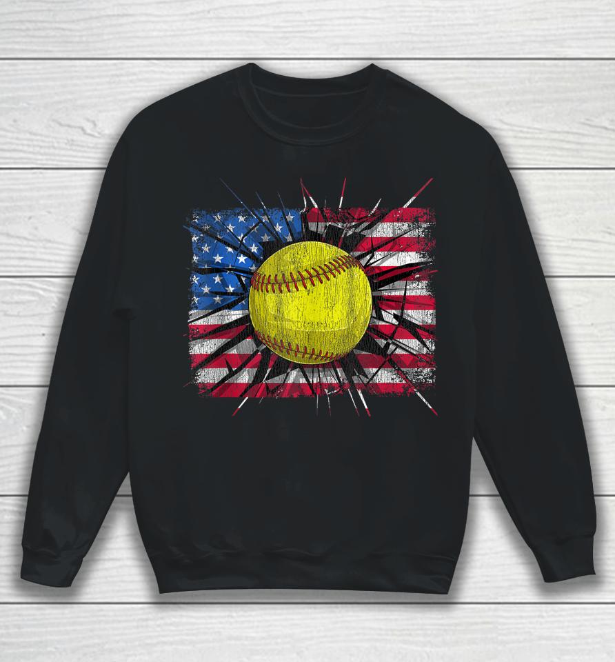 Retro American Softball Us Flag 4Th Of July Sweatshirt