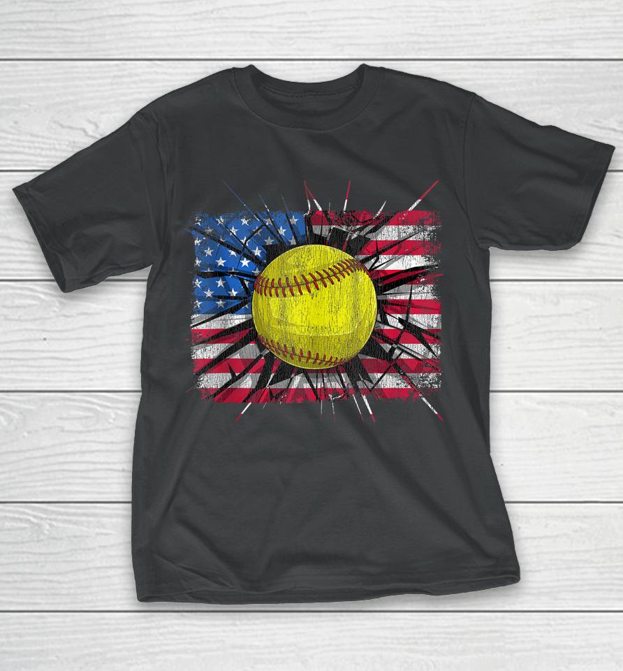 Retro American Softball Us Flag 4Th Of July T-Shirt