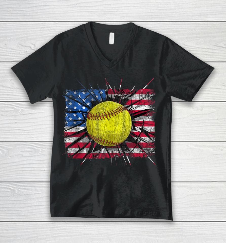 Retro American Softball Us Flag 4Th Of July Unisex V-Neck T-Shirt