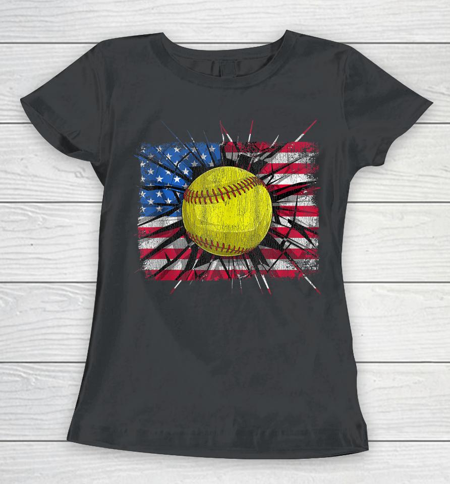 Retro American Softball Us Flag 4Th Of July Women T-Shirt