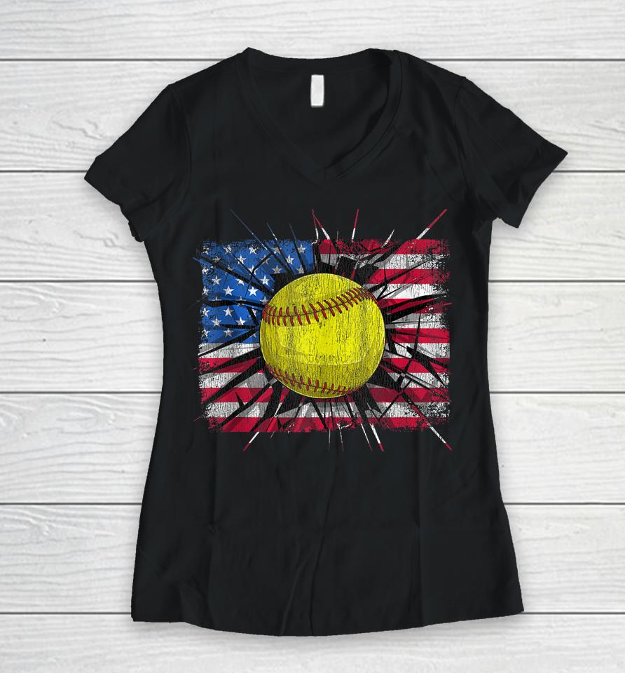 Retro American Softball Us Flag 4Th Of July Women V-Neck T-Shirt