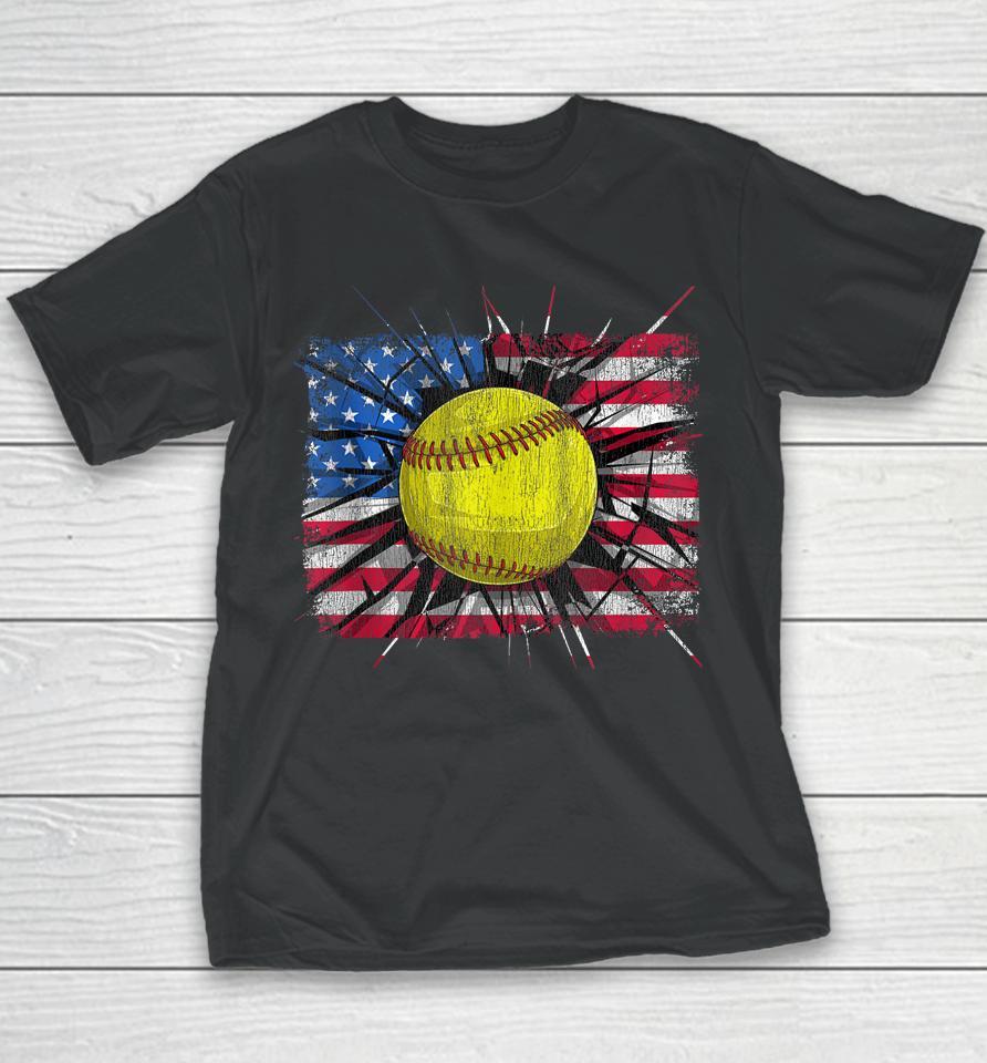 Retro American Softball Us Flag 4Th Of July Youth T-Shirt