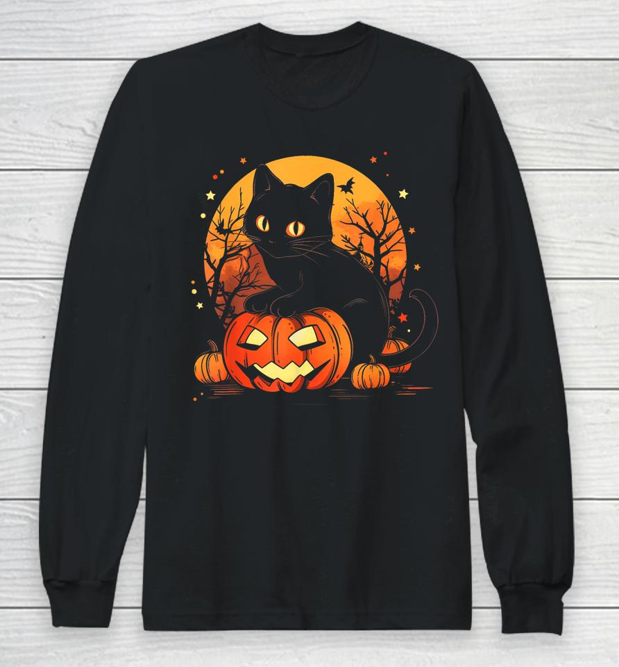 Retro Black Cat Halloween Pumpkin Costume Long Sleeve T-Shirt