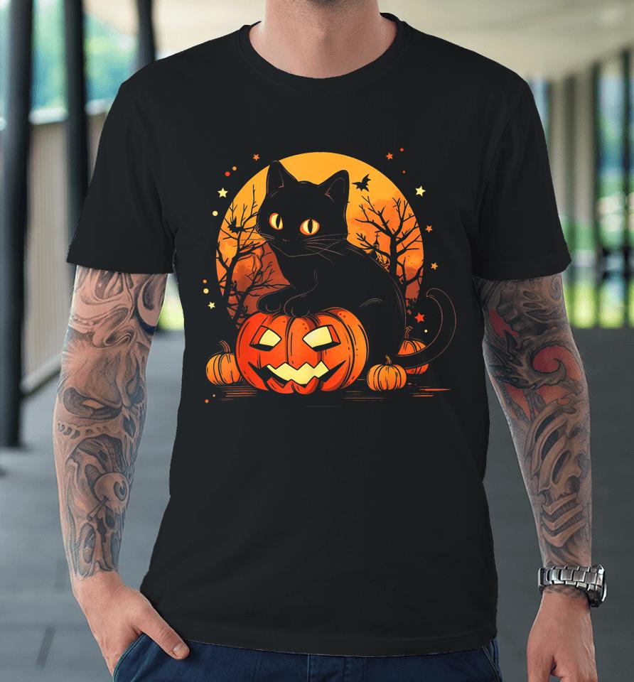 Retro Black Cat Halloween Pumpkin Costume Premium T-Shirt