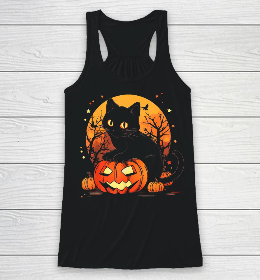Retro Black Cat Halloween Pumpkin Costume Racerback Tank