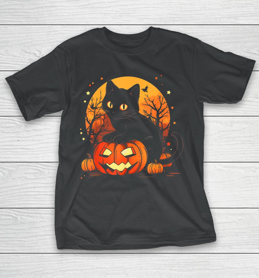 Retro Black Cat Halloween Pumpkin Costume T-Shirt