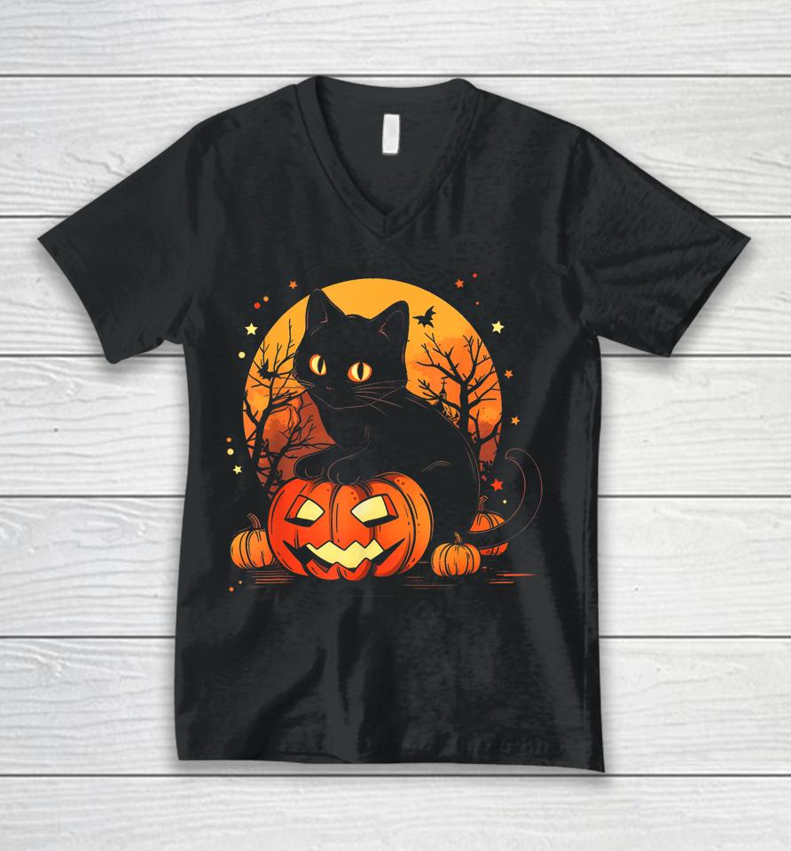 Retro Black Cat Halloween Pumpkin Costume Unisex V-Neck T-Shirt