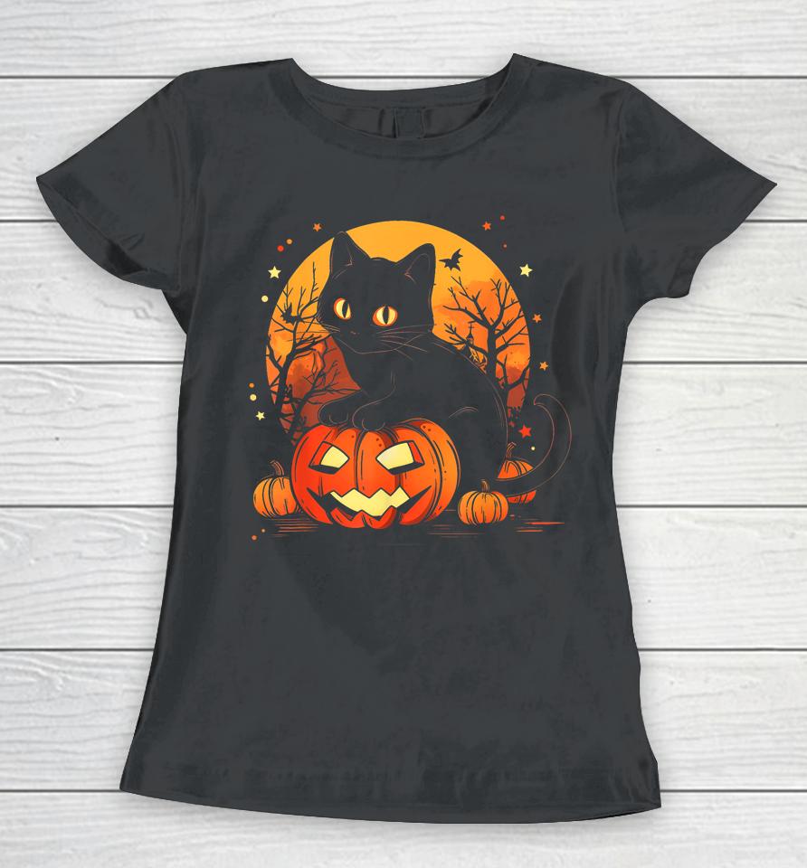 Retro Black Cat Halloween Pumpkin Costume Women T-Shirt