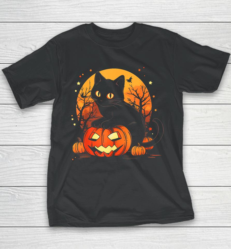 Retro Black Cat Halloween Pumpkin Costume Youth T-Shirt