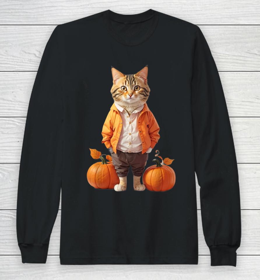 Retro Black Cat Halloween Pumpkin Costume Long Sleeve T-Shirt
