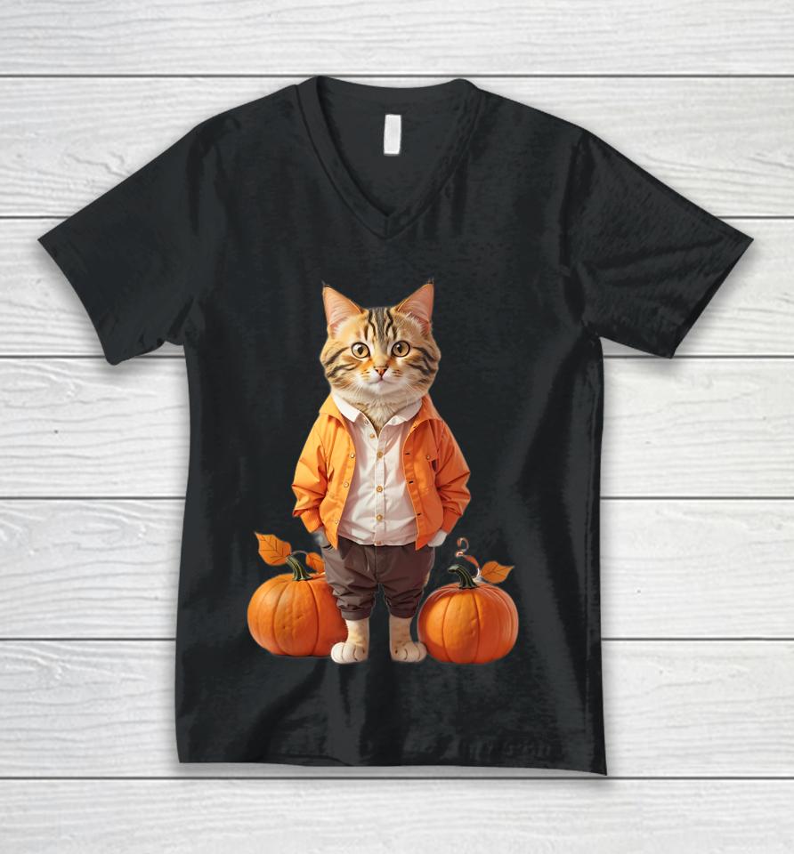 Retro Black Cat Halloween Pumpkin Costume Unisex V-Neck T-Shirt