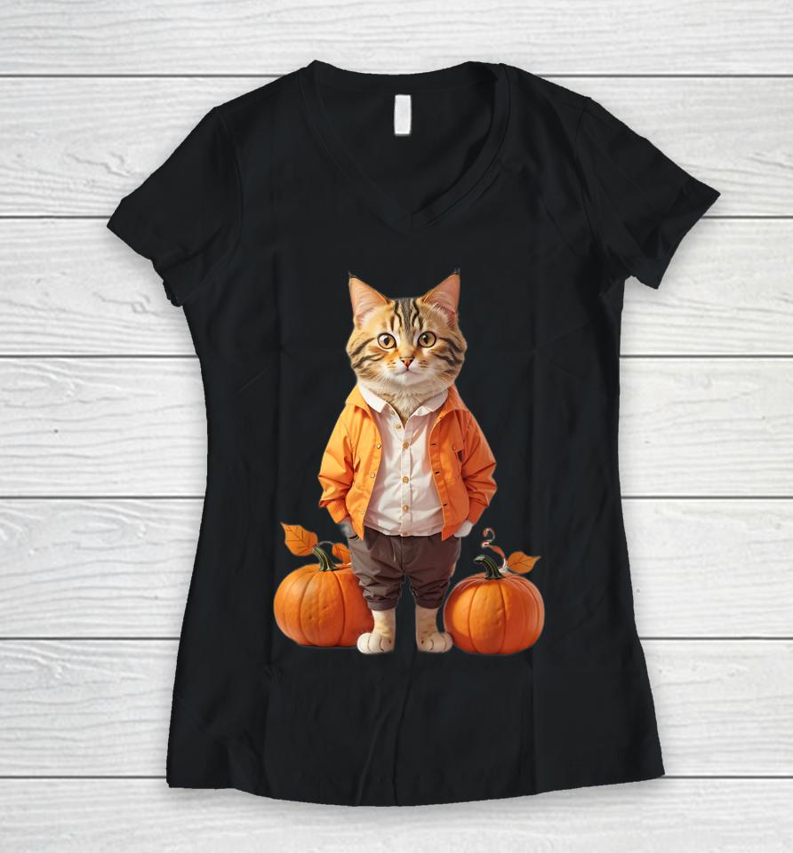 Retro Black Cat Halloween Pumpkin Costume Women V-Neck T-Shirt