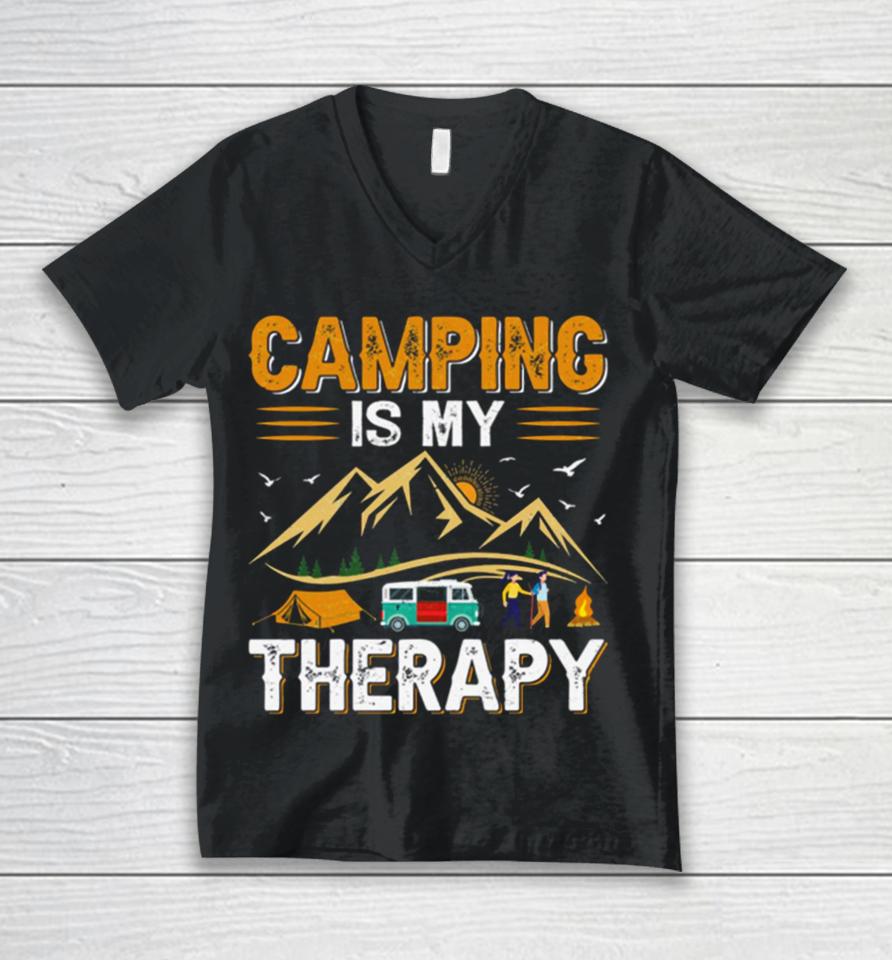 Retro Camping Is My Therapy Camping Funny Quote Unisex V-Neck T-Shirt