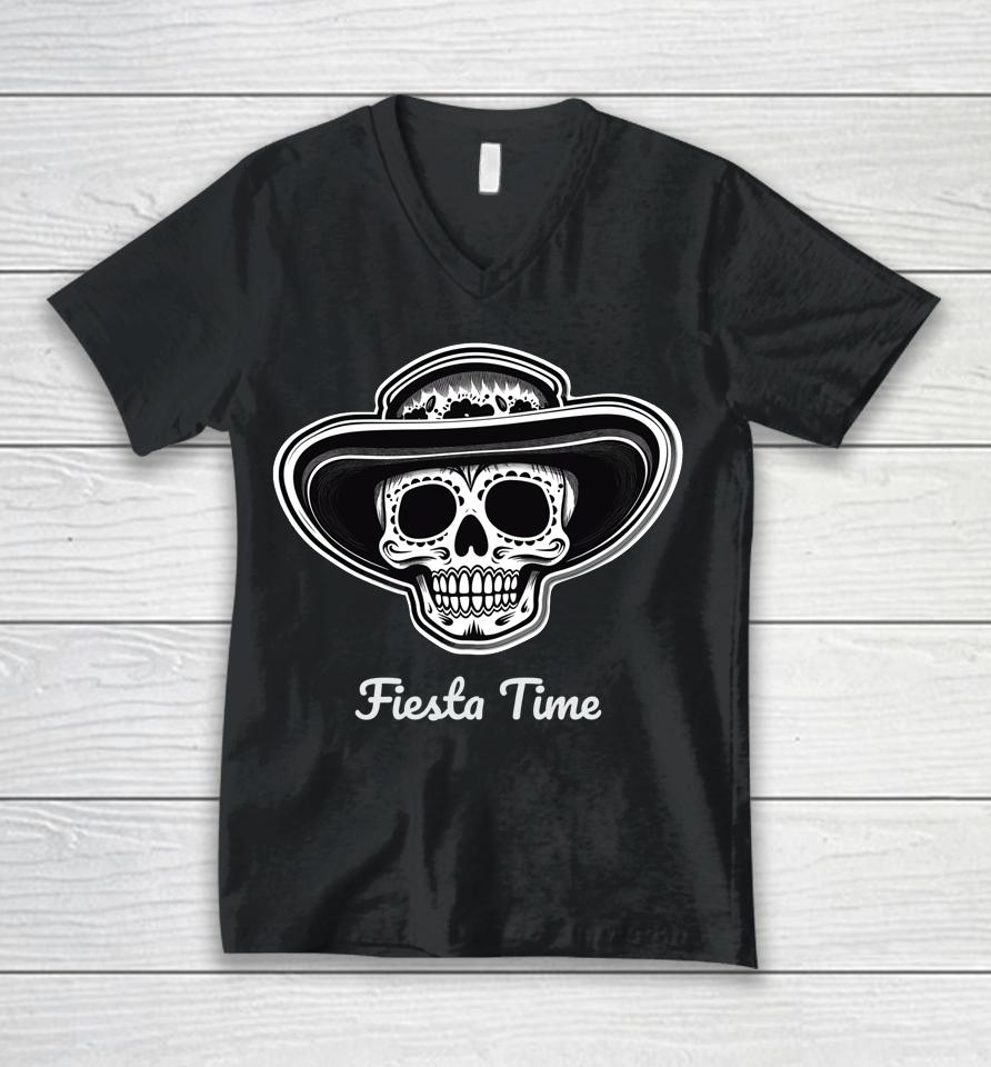 Retro Cinco De Mayo Sugar Candy Skull Fiesta Time Unisex V-Neck T-Shirt