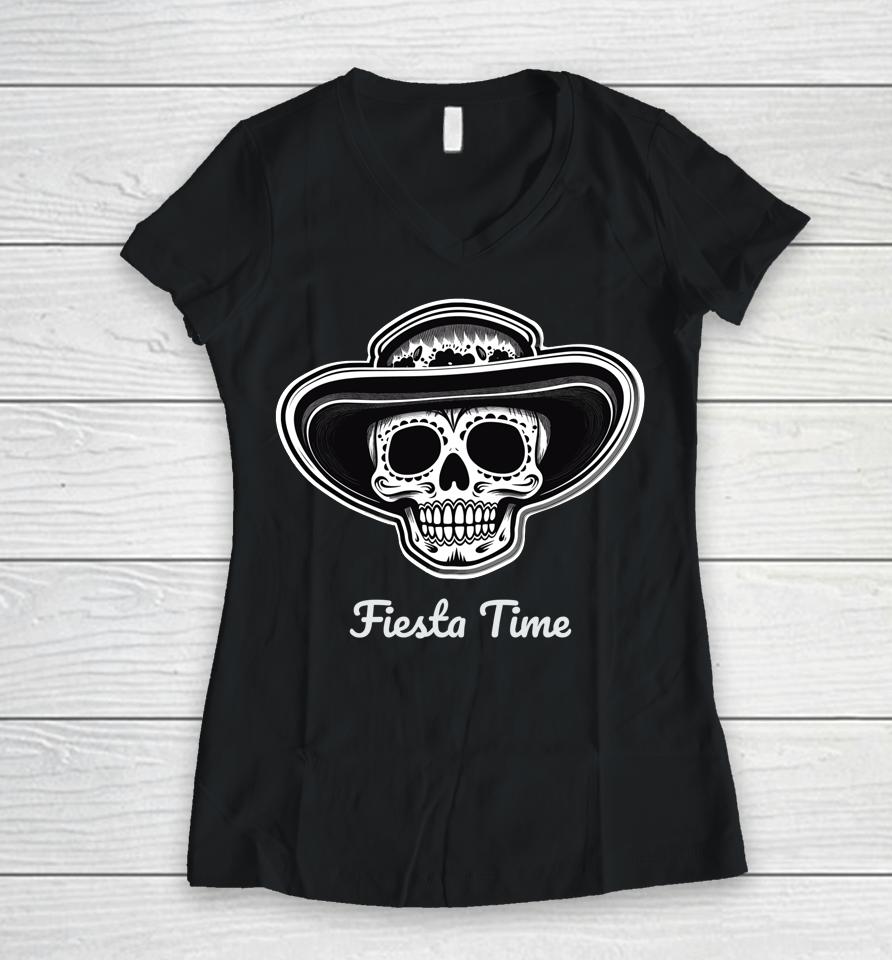 Retro Cinco De Mayo Sugar Candy Skull Fiesta Time Women V-Neck T-Shirt
