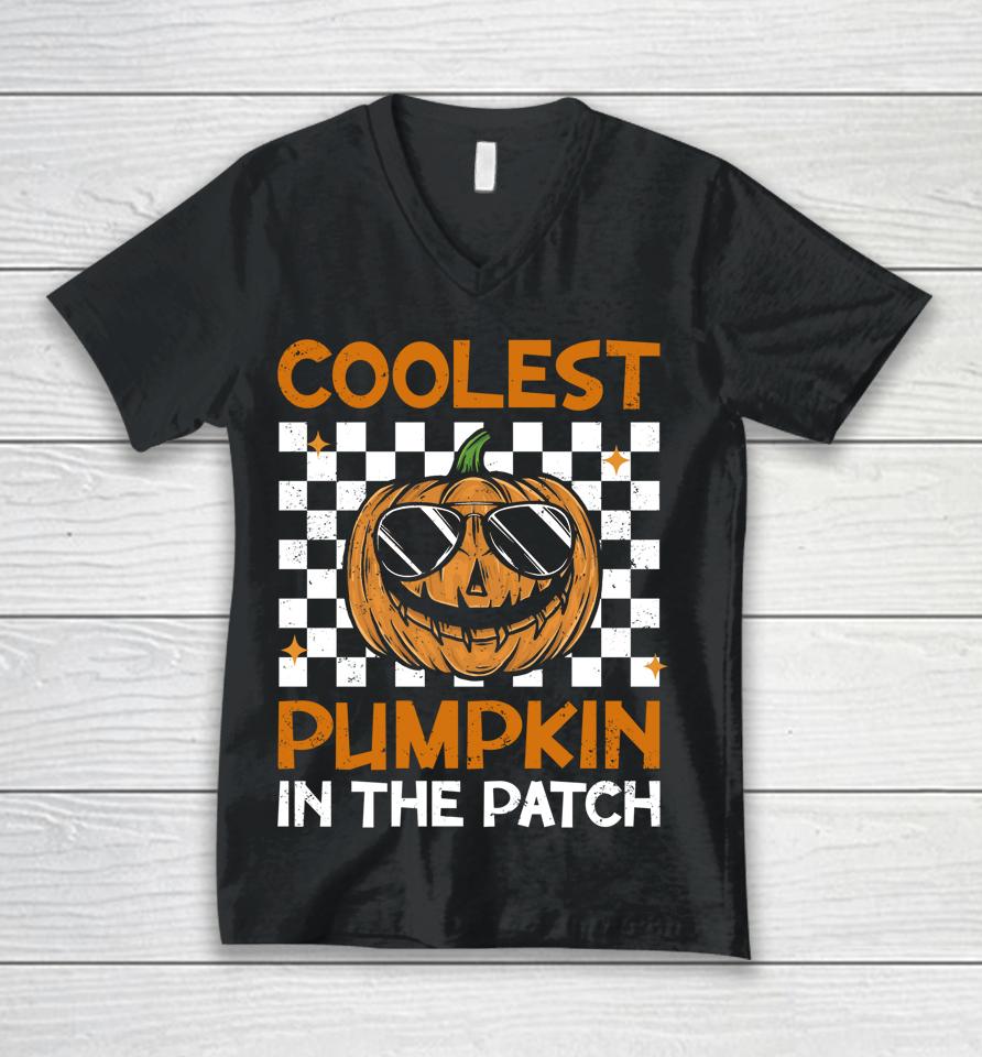 Retro Coolest Pumpkin In The Patch Groovy Halloween Unisex V-Neck T-Shirt