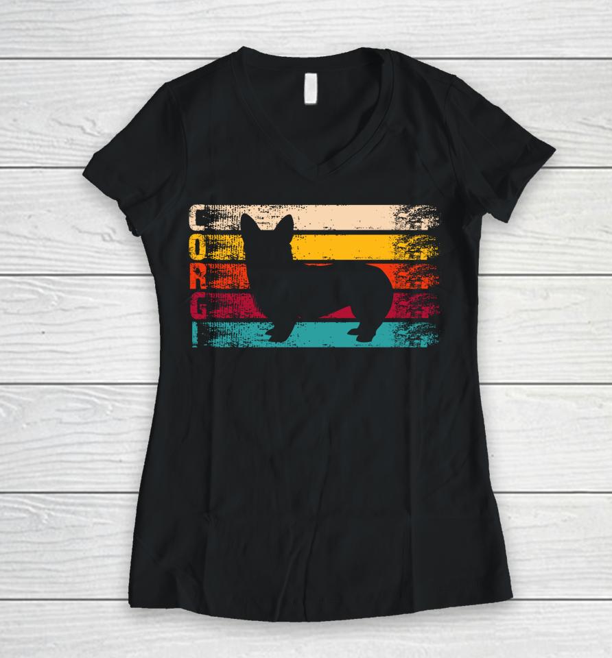 Retro Distressed Silhouette Dog Lover Gift Corgi Women V-Neck T-Shirt