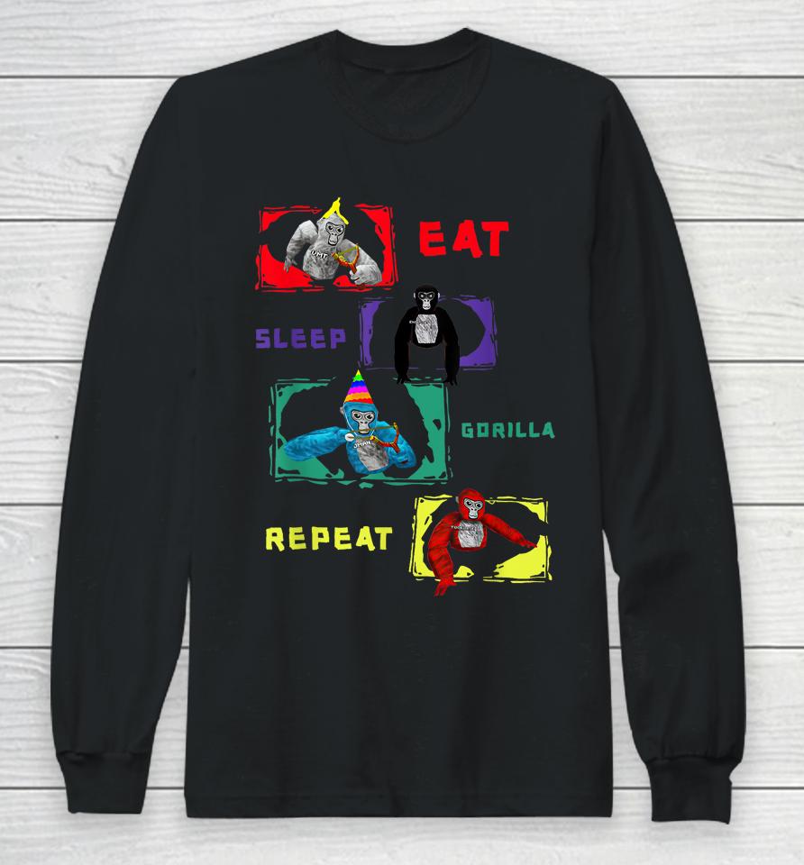 Retro Eat Sleep Gorilla, Monke Tag For Kids, Adults Teens Long Sleeve T-Shirt